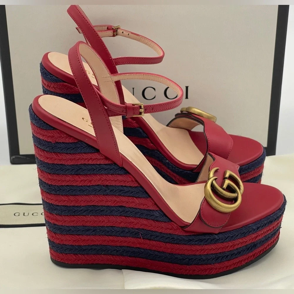 Authentic GUCCI Marmont Double G Leather Espadrille Platform Sandals